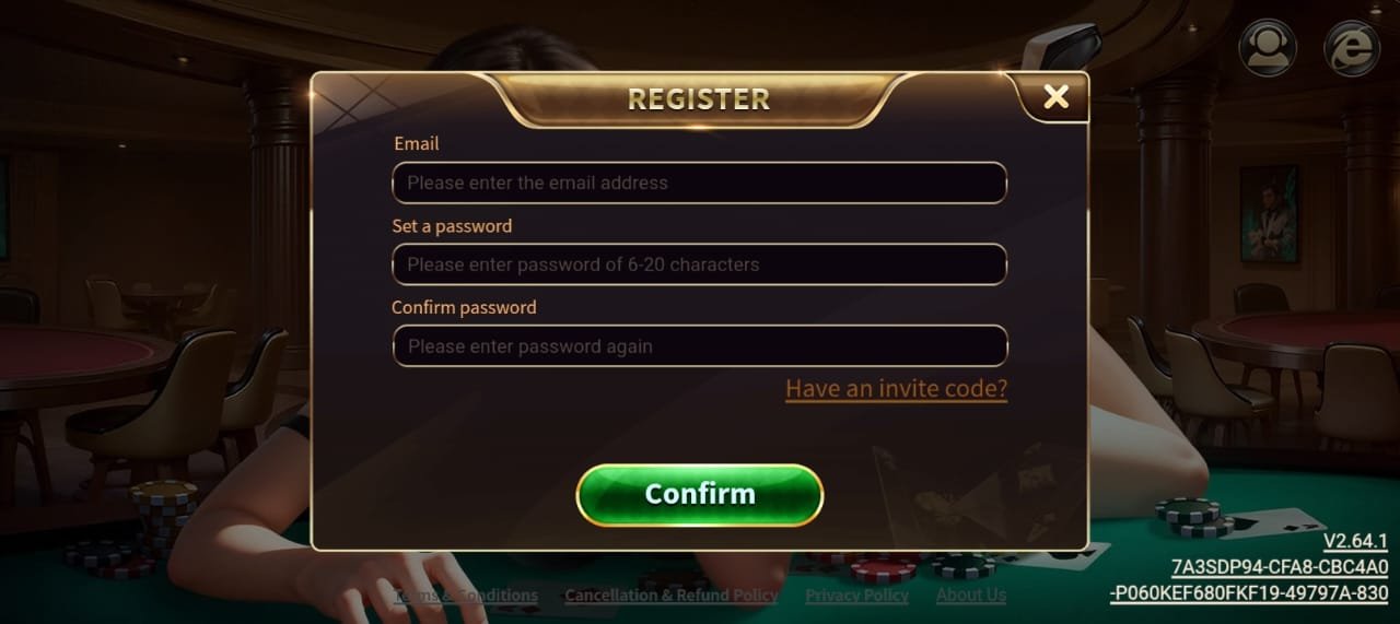 Royal X Casino account registration form with email, password and invite code fields