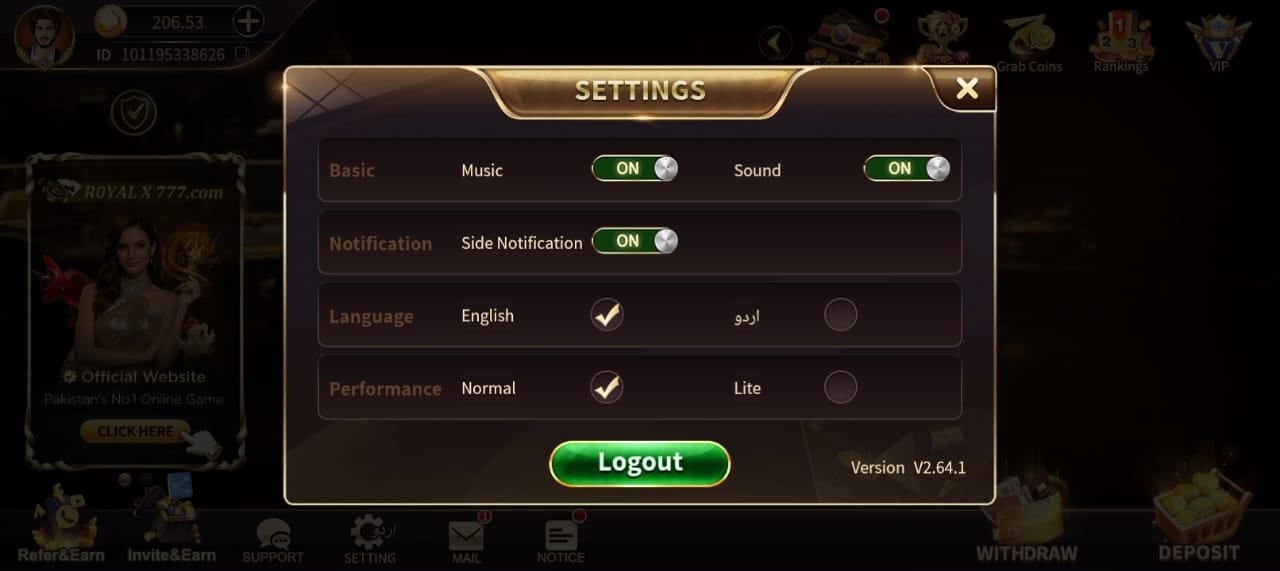 Royal X Casino settings menu with English and Urdu language toggle and Lite performance mode