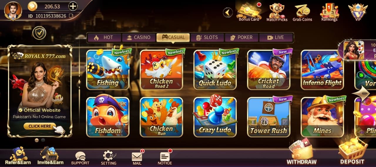 Royal X Casino casual games including Quick Ludo, Mines, Chicken Road and Fishing