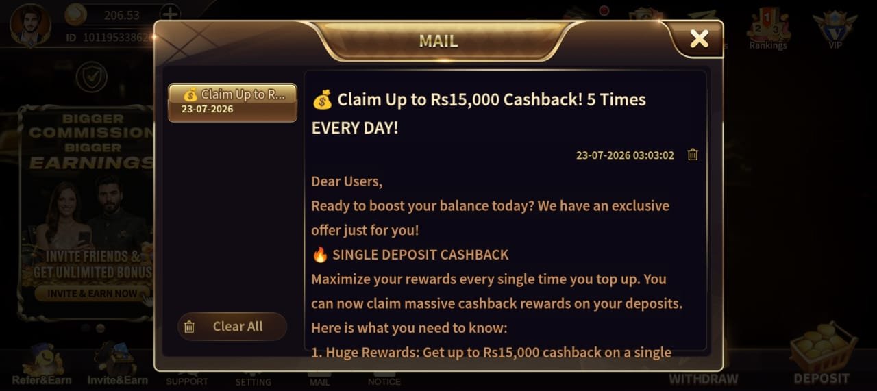 Royal X Casino single deposit cashback bonus notice offering up to Rs 15000 five times a day