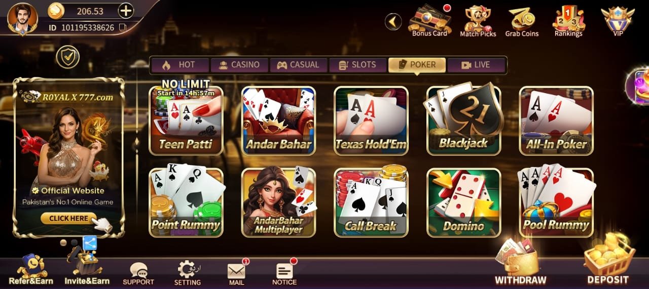 Royal X Casino poker games including Teen Patti, Andar Bahar, Blackjack and Rummy
