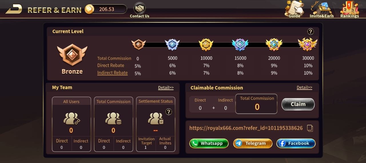 Royal X Casino referral commission program showing Bronze rank and direct and indirect rebate tiers