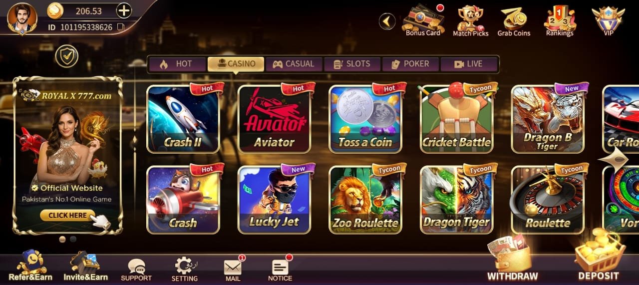 Royal X Casino table and crash games including Aviator, Crash II, Dragon Tiger and roulette