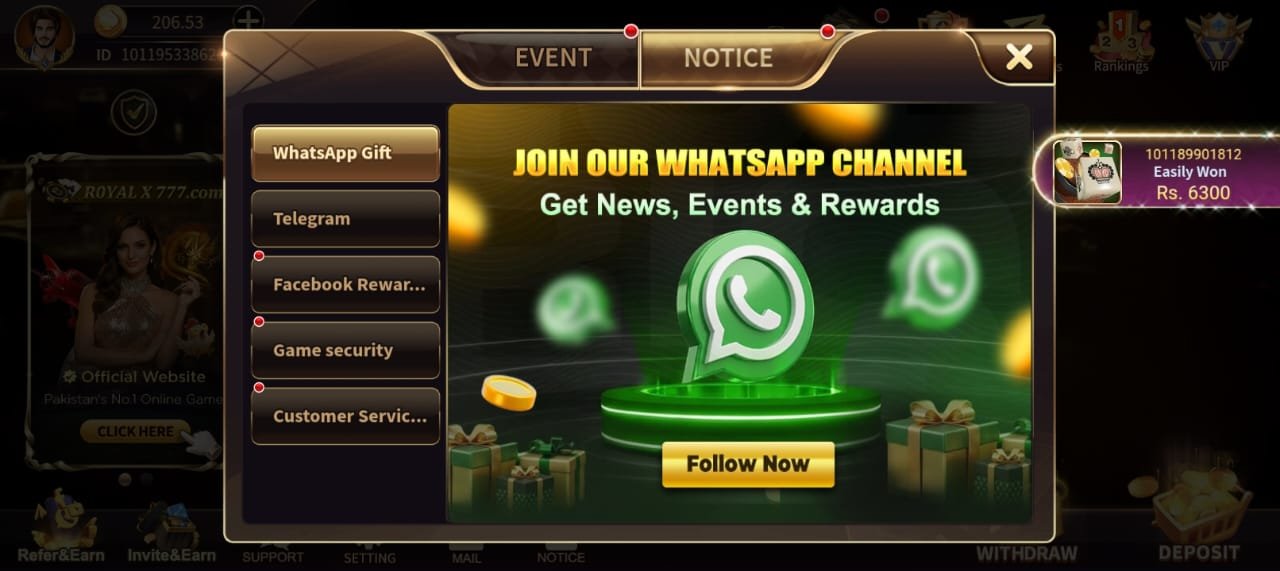 Royal X Casino WhatsApp community notice to join for news, events and rewards