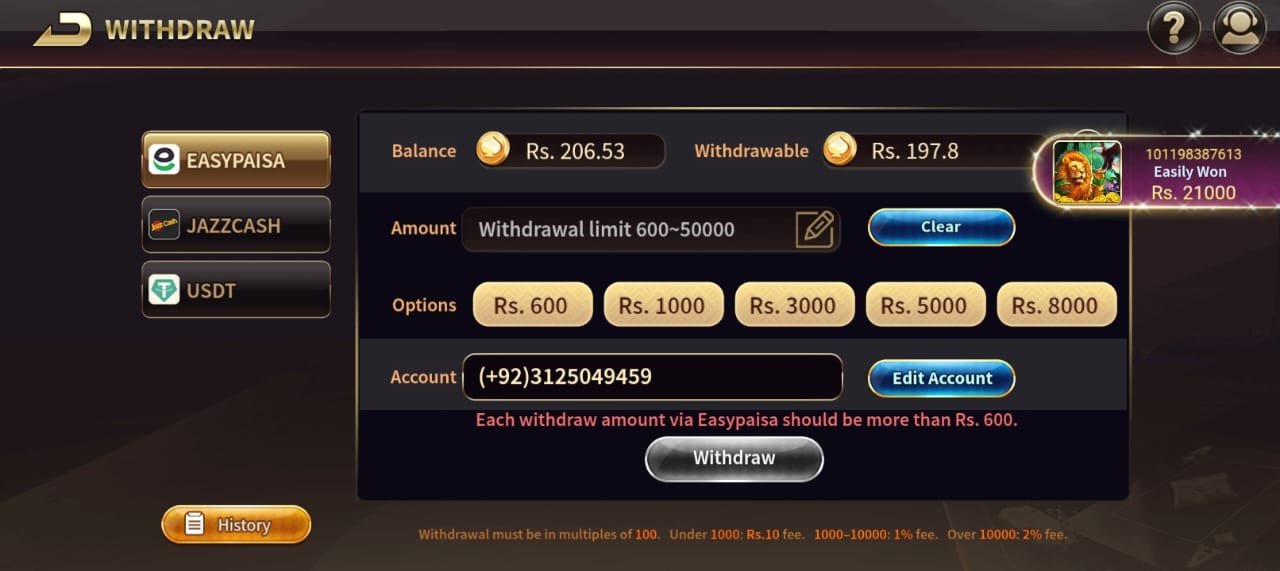 Royal X Casino withdrawal screen showing Easypaisa and JazzCash options and amount limits